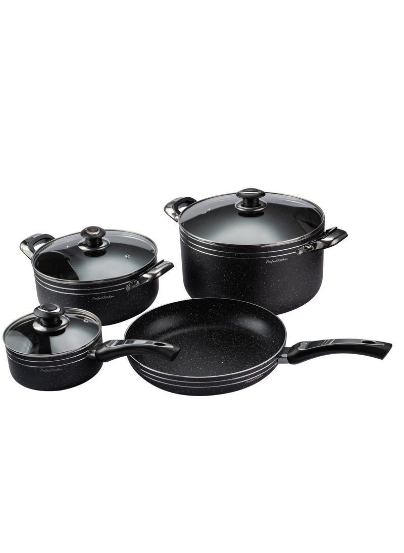 PERFECT KITCHEN 7 pieces Perfect Cooking Set Aluminum Pots Coated With Granite Non-Stick
Black With Glass Lids  - Image 1