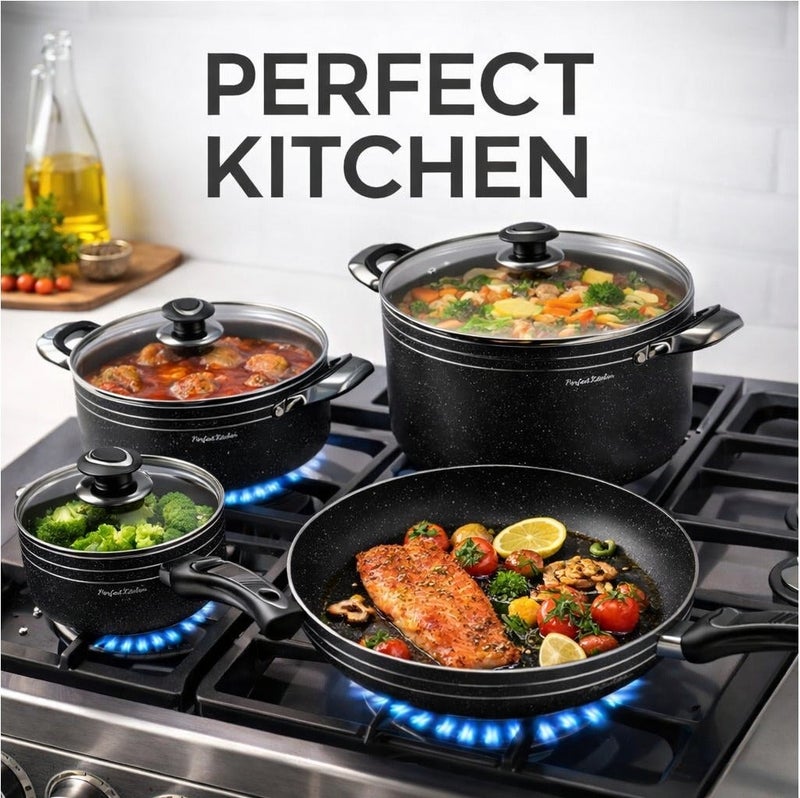 بيرفكت كيتشن طقم قدورالمنيوم مطليه جرانيت غيرلاصقه لون أسود مكون من 7 قطع مع اغطيه زجاجية - Image 1