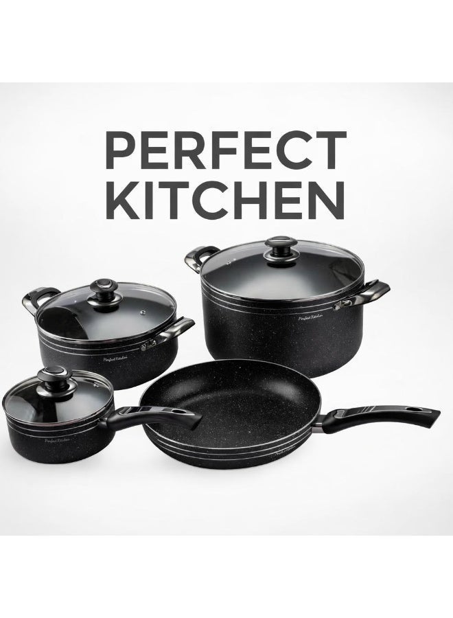 بيرفكت كيتشن طقم قدورالمنيوم مطليه جرانيت غيرلاصقه لون أسود مكون من 7 قطع مع اغطيه زجاجية - Image 3