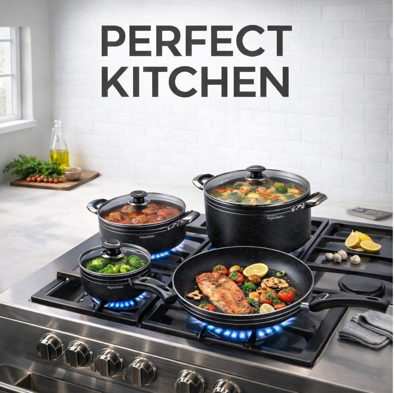 بيرفكت كيتشن طقم قدورالمنيوم مطليه جرانيت غيرلاصقه لون أسود مكون من 7 قطع مع اغطيه زجاجية - Image 2