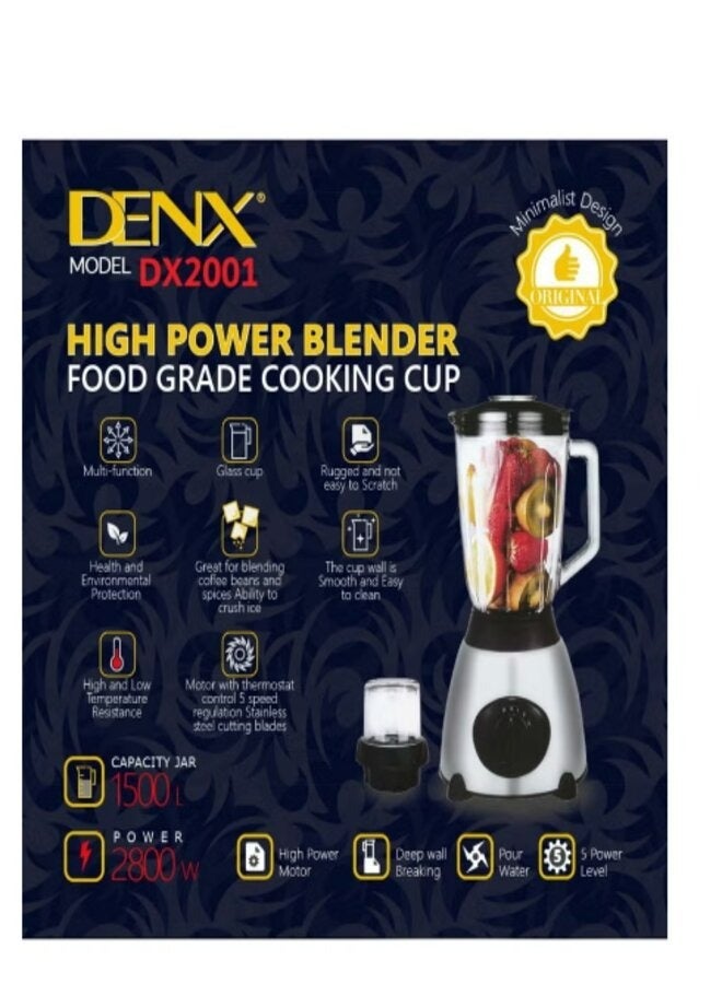 Denx 1.5 Liter Electric High Power Blender with Five Speed Levels. Food Grade Cooking Cup, Easy To Use And Clean 2800W - Image 1