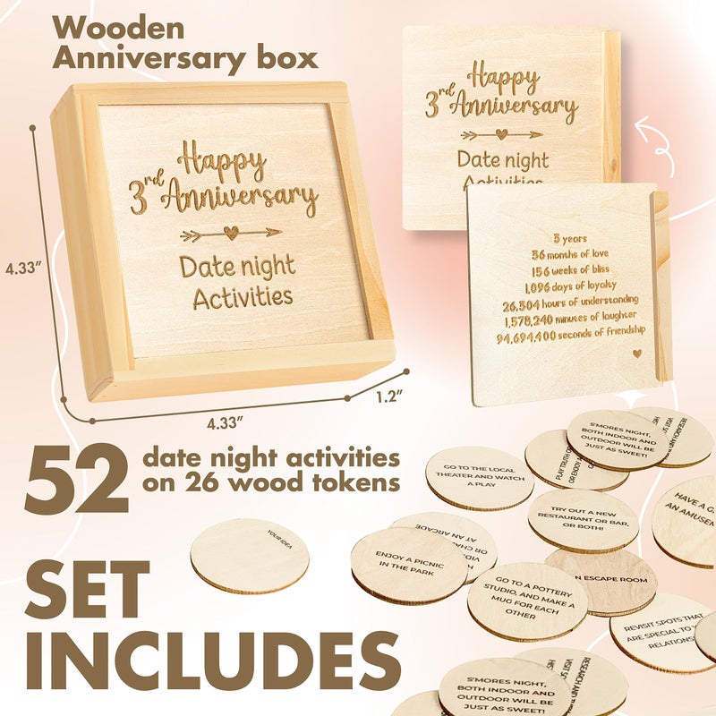 Stofinity Happy 3 Year Anniversary Wood Gifts For Him Her - 3Rd Wedding Gifts For Couple  Third Marriage Anniversary For Husband Wife  Three Years Dating Date Night Activities - Image 2