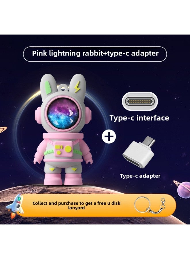 Creative Cartoon Computer Mobile Phone Dual-use U Disk Logo Corporate Promotional Gifts Tide Play Gift Box Usb-Color:Pink Lightning Rabbit Type-c Adapter PE Bag-Capacity:64GB  - Image 1