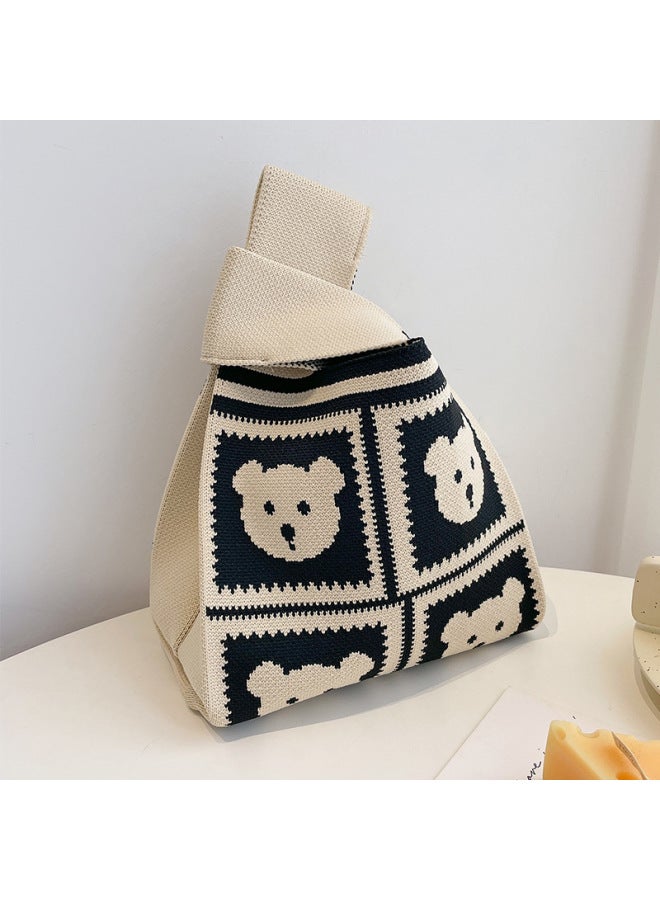 Portable Knitted Bag Fashionable All-match Tote Bag Hand Gift Knitted Bag Women's Bag Crossbody Bag-Color:Square Bear-beige-Size:35*20 - Image 1