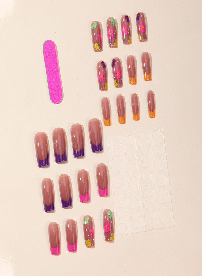 LRKNNO 24Pcs French Tip Press on Nails Medium Square Fake Nails Spring Glue on Nails with Colorful Flower Designs Acrylic Nails Coffin Nails Tips Full Cover False Nails for Women Reusable Manicure Nails Kit - Image 2