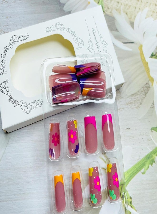 LRKNNO 24Pcs French Tip Press on Nails Medium Square Fake Nails Spring Glue on Nails with Colorful Flower Designs Acrylic Nails Coffin Nails Tips Full Cover False Nails for Women Reusable Manicure Nails Kit - Image 4