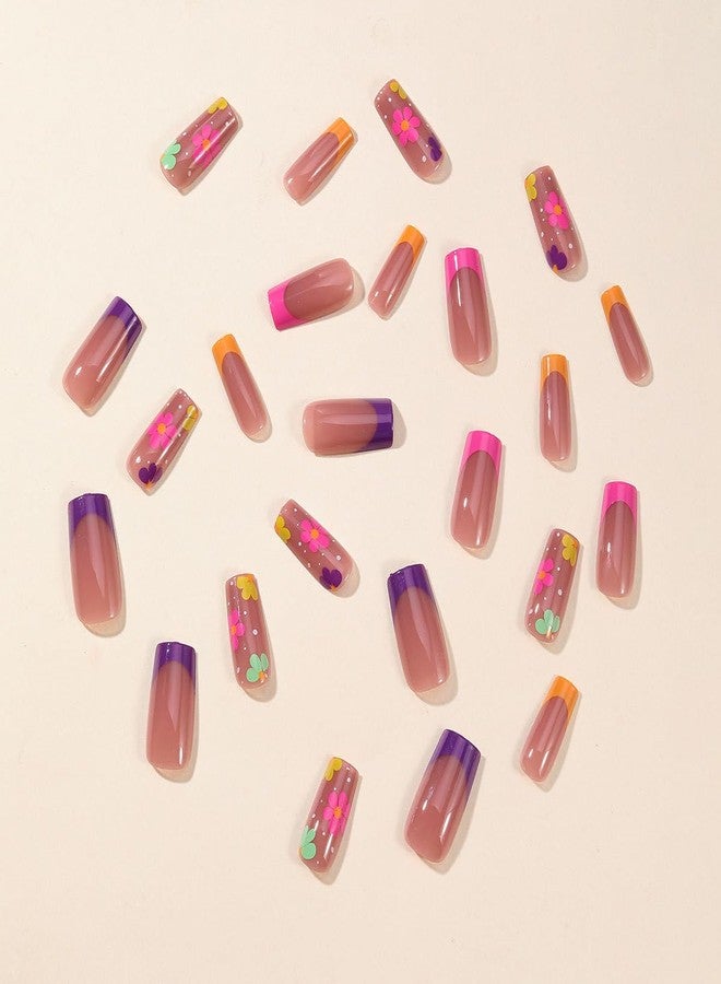 LRKNNO 24Pcs French Tip Press on Nails Medium Square Fake Nails Spring Glue on Nails with Colorful Flower Designs Acrylic Nails Coffin Nails Tips Full Cover False Nails for Women Reusable Manicure Nails Kit - Image 5