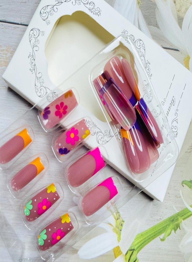LRKNNO 24Pcs French Tip Press on Nails Medium Square Fake Nails Spring Glue on Nails with Colorful Flower Designs Acrylic Nails Coffin Nails Tips Full Cover False Nails for Women Reusable Manicure Nails Kit - Image 3
