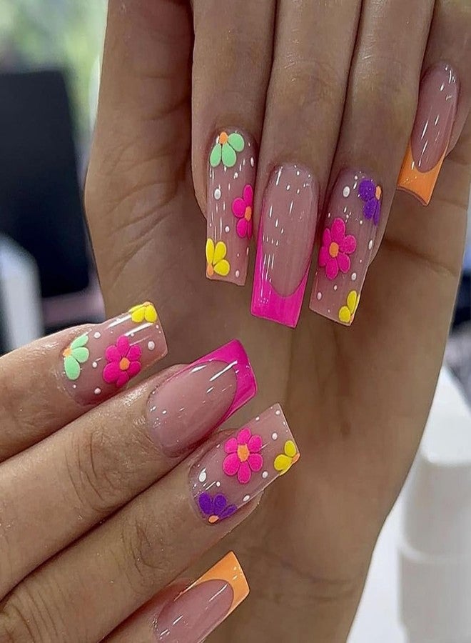LRKNNO 24Pcs French Tip Press on Nails Medium Square Fake Nails Spring Glue on Nails with Colorful Flower Designs Acrylic Nails Coffin Nails Tips Full Cover False Nails for Women Reusable Manicure Nails Kit - Image 1