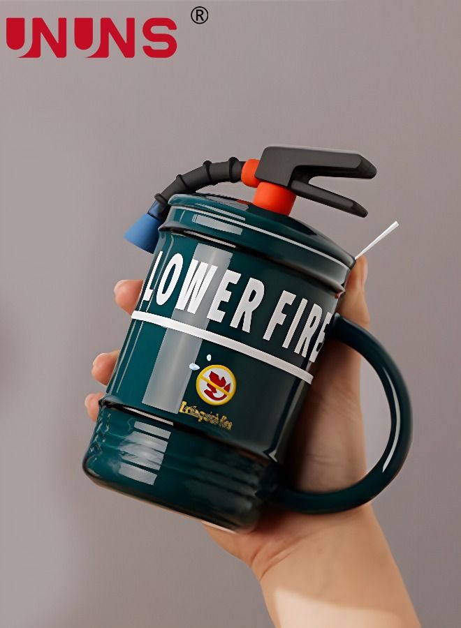 UNUNS طقم أكواب قهوة من السيراميك، كوب ماء على شكل طفاية حريق 480 مل مع غطاء وملعقة للإسبريسو والشوكولاتة الساخنة والكابتشينو واللاتيه - Image 1