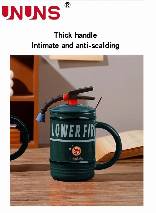 UNUNS طقم أكواب قهوة من السيراميك، كوب ماء على شكل طفاية حريق 480 مل مع غطاء وملعقة للإسبريسو والشوكولاتة الساخنة والكابتشينو واللاتيه - Image 4