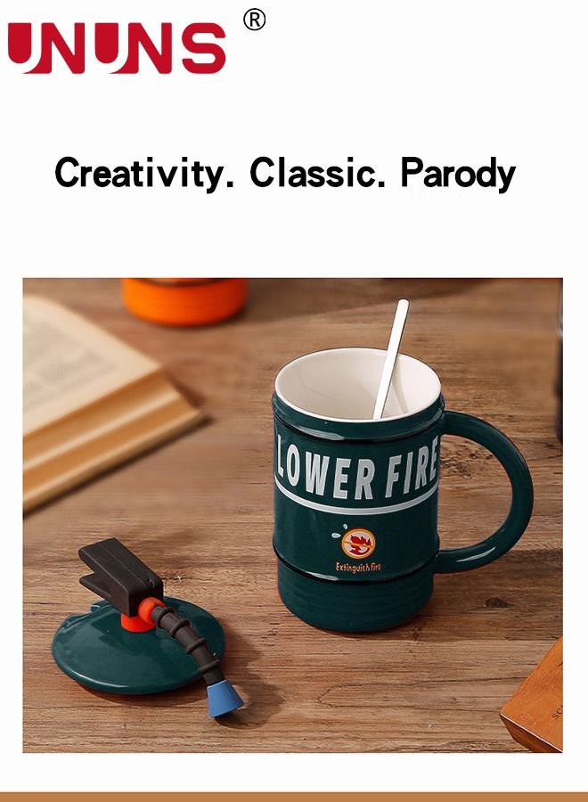 UNUNS طقم أكواب قهوة من السيراميك، كوب ماء على شكل طفاية حريق 480 مل مع غطاء وملعقة للإسبريسو والشوكولاتة الساخنة والكابتشينو واللاتيه - Image 3