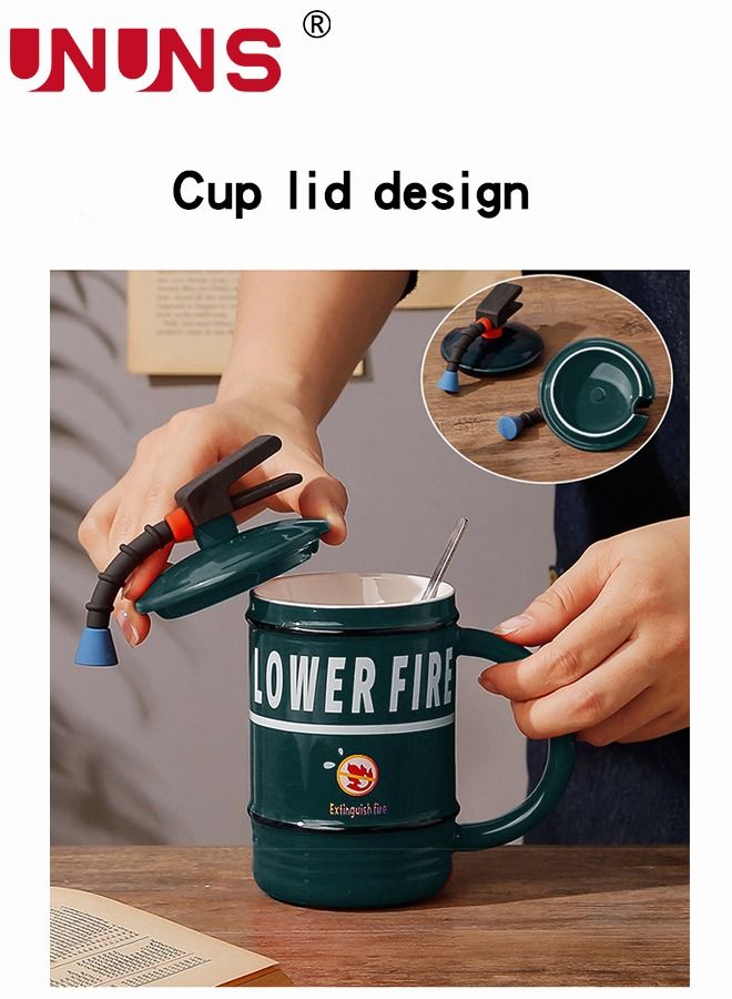 UNUNS طقم أكواب قهوة من السيراميك، كوب ماء على شكل طفاية حريق 480 مل مع غطاء وملعقة للإسبريسو والشوكولاتة الساخنة والكابتشينو واللاتيه - Image 2