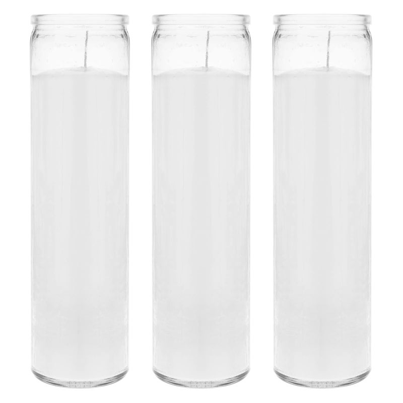 Mega Candles 3 pcs Unscented White 7 Day Glass Container Devotional Prayer Candles Premium Wax Candle 2 Inch x 8 Inch Sanctuary Vigils Prayers Blessings Religious Memorials Remembrance