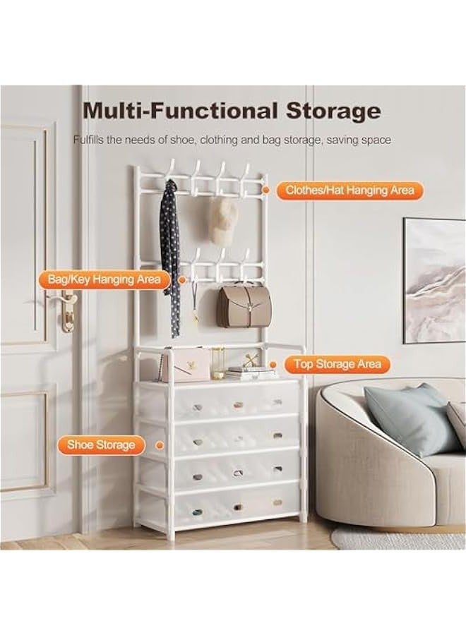 تراسل رف معطف وحامل أحذية من 5 طبقات، رف أحذية وقاية من الغبار، رف مدخل مدخل، علاقة معاطف وحامل أحذية 3 في 1، حامل معاطف مع تخزين أحذية، رف مدخل مع خطافات لحقيبة أحذية الملابس والأحذية والقبعات - Image 2