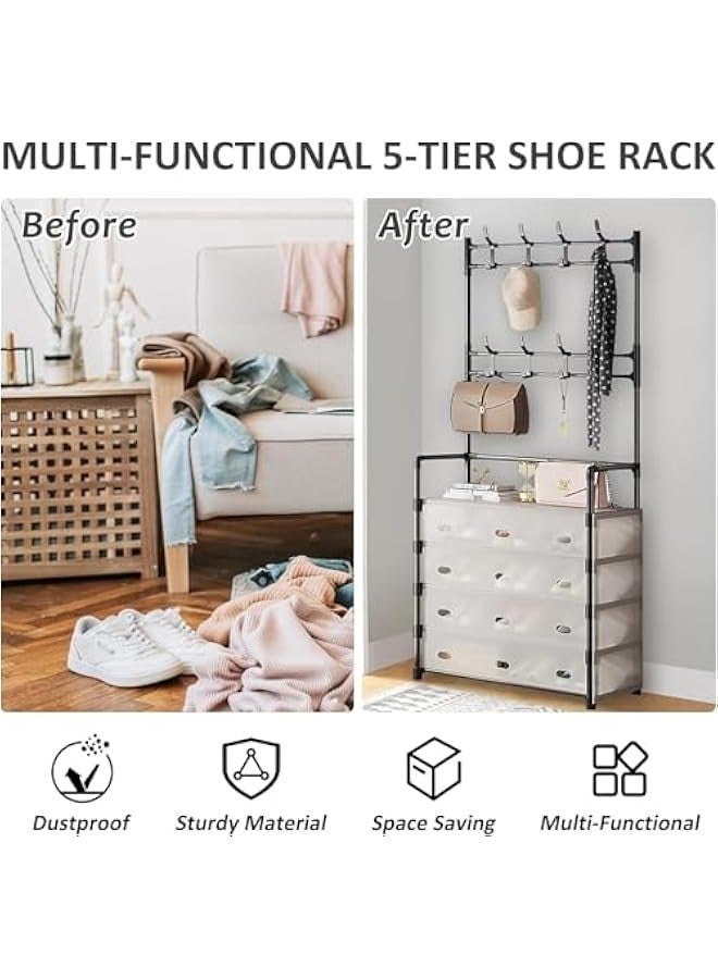 تراسل رف معطف وحامل أحذية من 5 طبقات، رف أحذية وقاية من الغبار، رف مدخل مدخل، علاقة معاطف وحامل أحذية 3 في 1، حامل معاطف مع تخزين أحذية، رف مدخل مع خطافات لحقيبة أحذية الملابس والأحذية والقبعات - Image 4