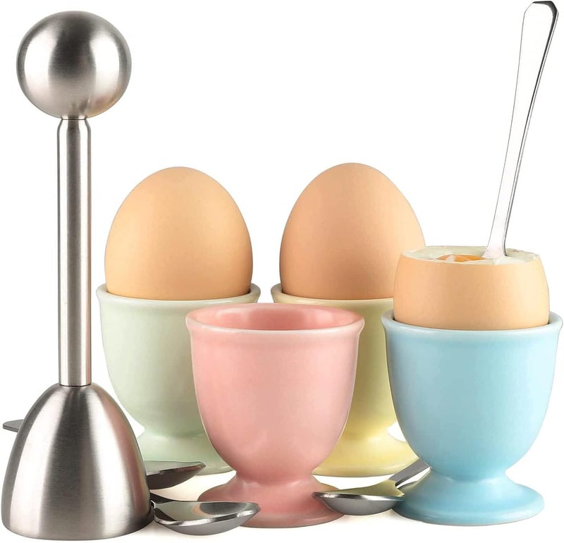 forkmannie Ceramic Egg Cup Egg Cracker Topper Set for Soft Hard Boiled Eggs Shell Removal Includes 1 Egg Cutter 4 Ceramic Egg Cups and 4 Spoons (Egg Cracker Topper Set) - Image 1
