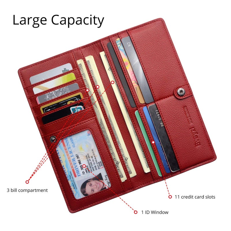 Bveyzi Ultra Slim Thin Leather RFID Blocking Credit Card Holder Bifold Clutch Wallets for Women (Wine Red) - Image 3
