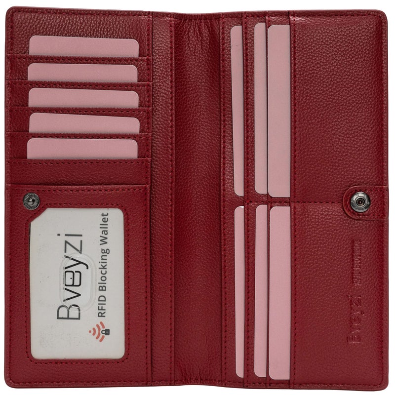 Bveyzi Ultra Slim Thin Leather RFID Blocking Credit Card Holder Bifold Clutch Wallets for Women (Wine Red) - Image 1