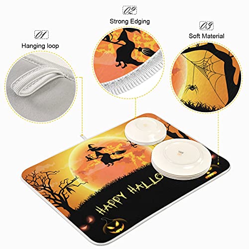 Bolaz Halloween Witch Spdier Bat Dish Drying Mat 18x24 Absorbent Dishes Pumpkin Scary Night Pad Dish Drainer Mat Protector for Kitchen Fast Dry - Image 4