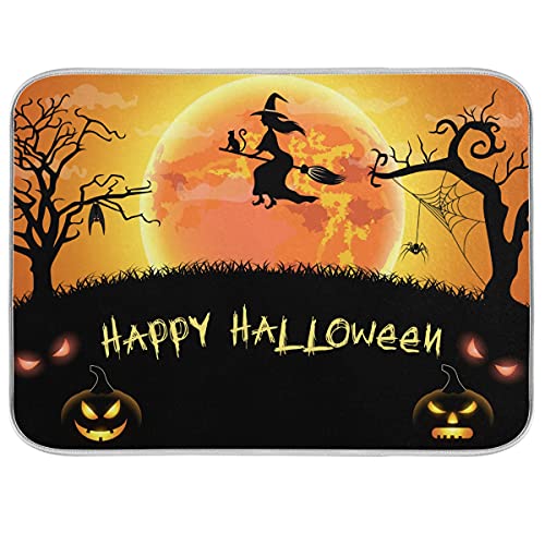 Bolaz Halloween Witch Spdier Bat Dish Drying Mat 18x24 Absorbent Dishes Pumpkin Scary Night Pad Dish Drainer Mat Protector for Kitchen Fast Dry - Image 1