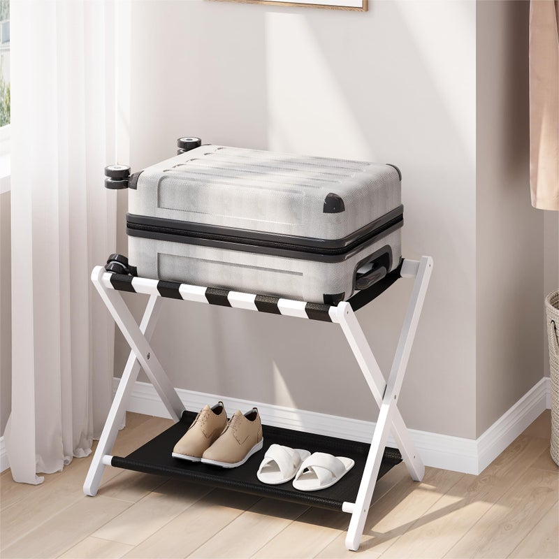 Smart FENDEE Luggage Rack Folding Luggage Rack for Guest Room White Bamboo Suitcase Stand Holds up to 131 lb Luggage Stand with Storage Shelf for Hotel Bedroom 1 Pack