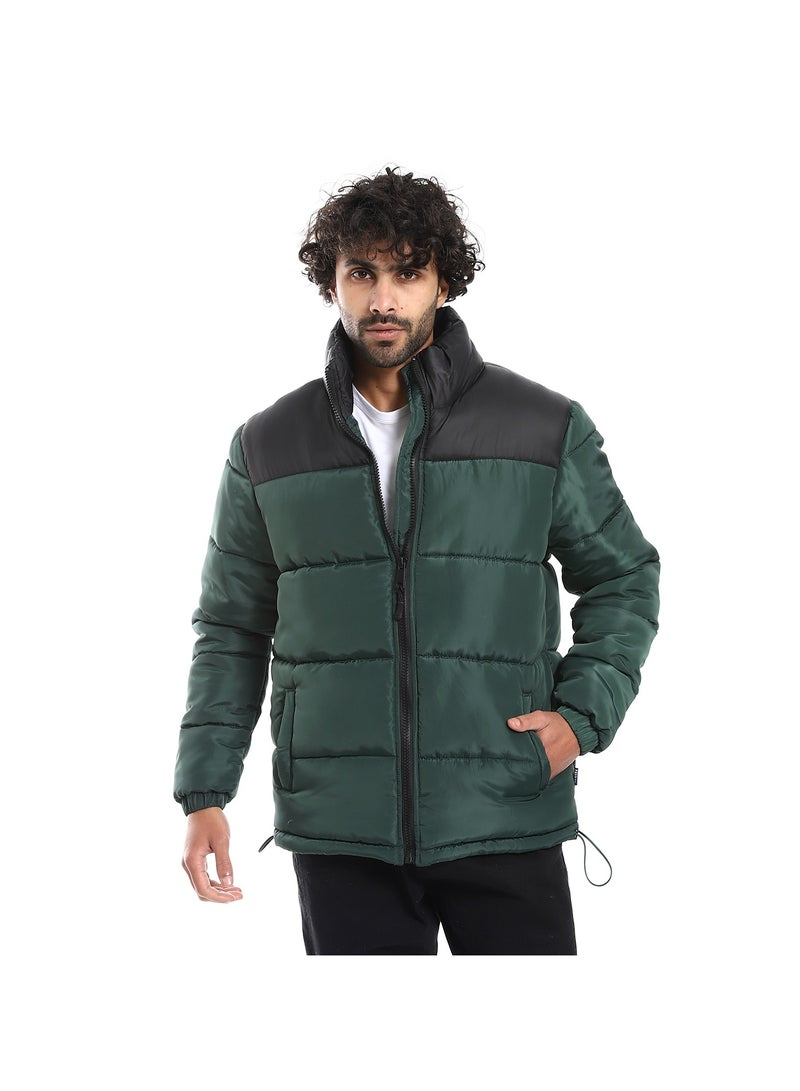 Pavone Quilted Pattern Long Sleeves Puffer Jacket - Black & Dark Green - Image 1