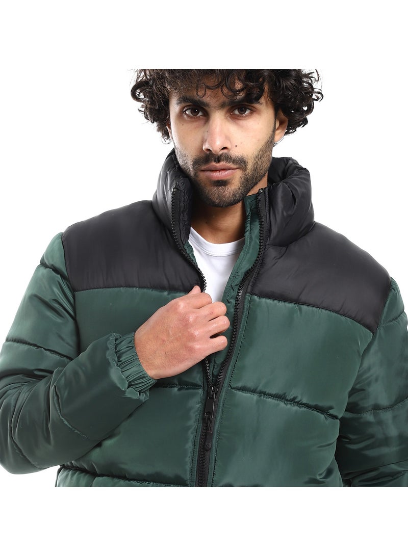Pavone Quilted Pattern Long Sleeves Puffer Jacket - Black & Dark Green - Image 4