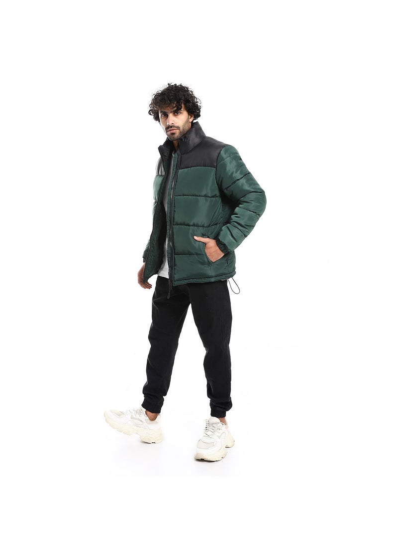Pavone Quilted Pattern Long Sleeves Puffer Jacket - Black & Dark Green - Image 5