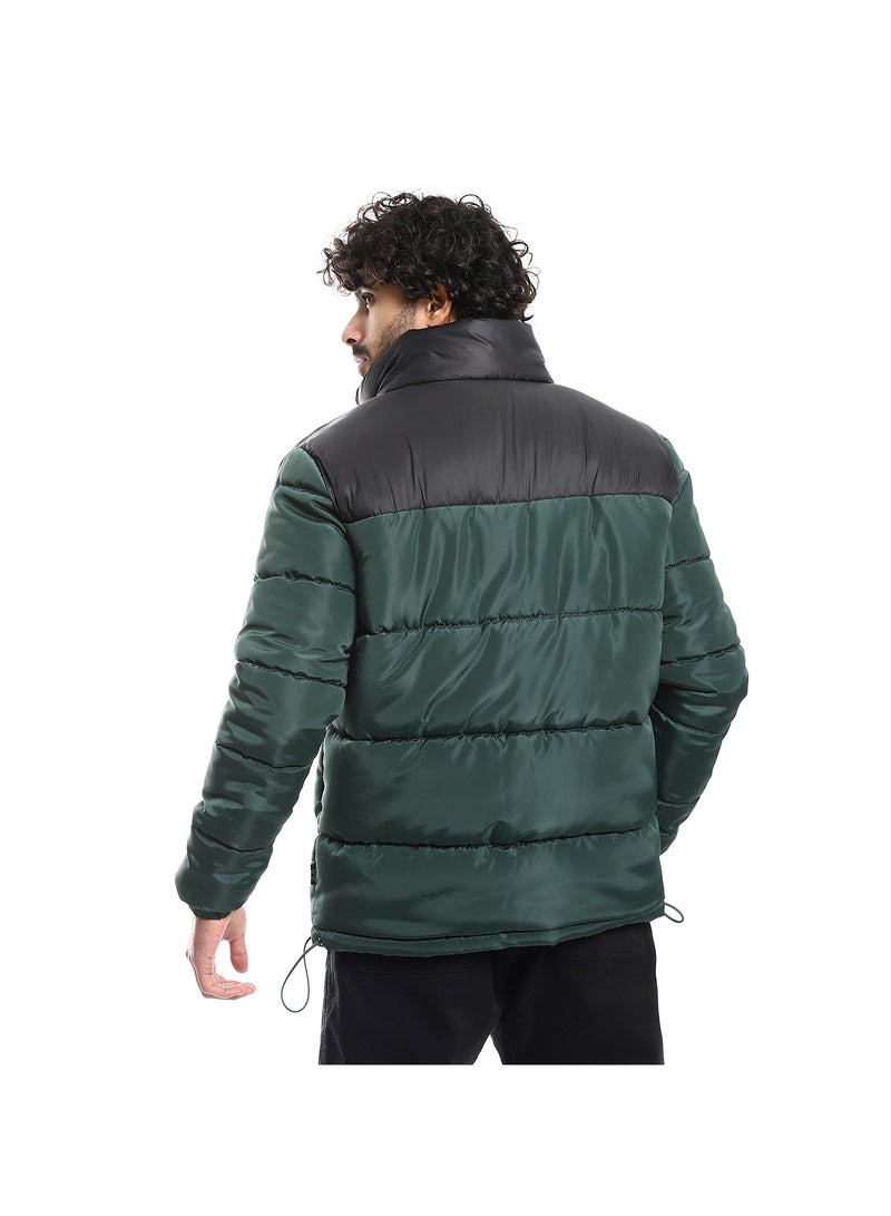 Pavone Quilted Pattern Long Sleeves Puffer Jacket - Black & Dark Green - Image 3
