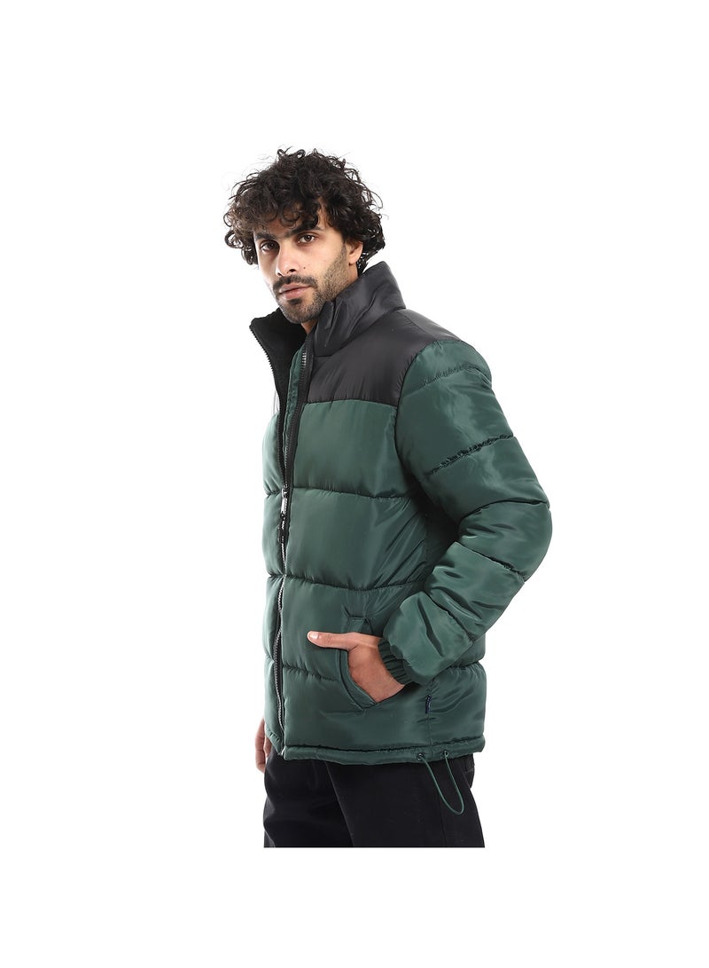 Pavone Quilted Pattern Long Sleeves Puffer Jacket - Black & Dark Green - Image 2