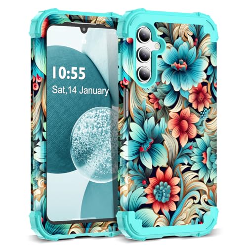 SleekCover for Galaxy A14 5G Case,3 in 1 Floral Pattern Heavy Duty Shockproof Protection Soft Silicone Rubber Bumper+Hard Plastic Hybrid Protective Cover for Samsung Galaxy A14 6.6",Blue Flower - Image 1