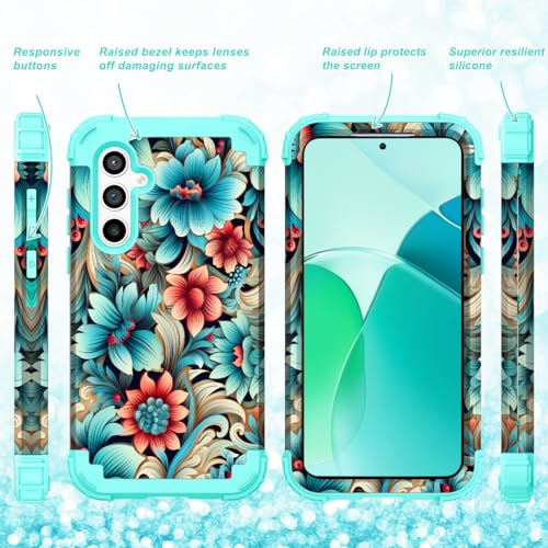 SleekCover for Galaxy A14 5G Case,3 in 1 Floral Pattern Heavy Duty Shockproof Protection Soft Silicone Rubber Bumper+Hard Plastic Hybrid Protective Cover for Samsung Galaxy A14 6.6",Blue Flower - Image 2