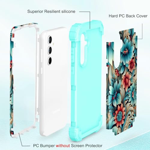 SleekCover for Galaxy A14 5G Case,3 in 1 Floral Pattern Heavy Duty Shockproof Protection Soft Silicone Rubber Bumper+Hard Plastic Hybrid Protective Cover for Samsung Galaxy A14 6.6",Blue Flower - Image 5