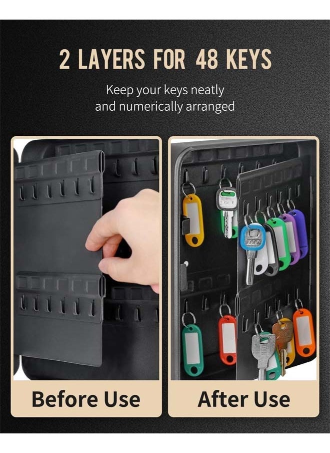 L&E - 48-Digit Key Cabinet with Combination Lock, Resettable Black Digital Safe Storage Box, Steel Key Organizer with Colorful Key Label Stickers and Hooks - Image 1