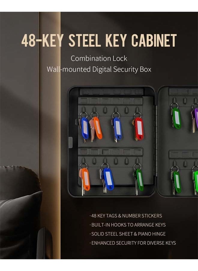 L&E - 48-Digit Key Cabinet with Combination Lock, Resettable Black Digital Safe Storage Box, Steel Key Organizer with Colorful Key Label Stickers and Hooks - Image 1