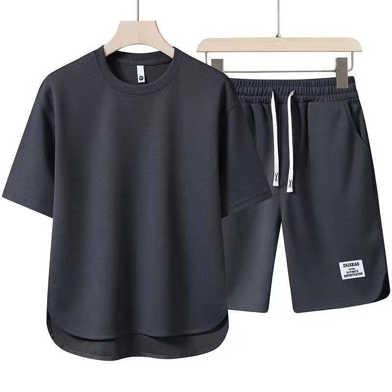 Mens Casual suit Two-Piece plus size Loose Slimming Short-Sleeved Shortcut Pants Summer New Solid Color Simple suit gray 