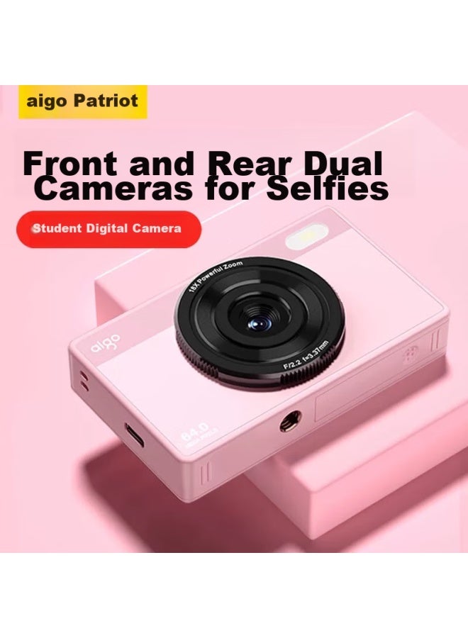 Aigo E6 Student Digital Camera For Women, Entry-level High-definition Retro Compact Point-and Camera, High-definition Travel Ccd Alternative, Front And Rear Dual Cameras For Selfies, 64gb Pink - Image 1
