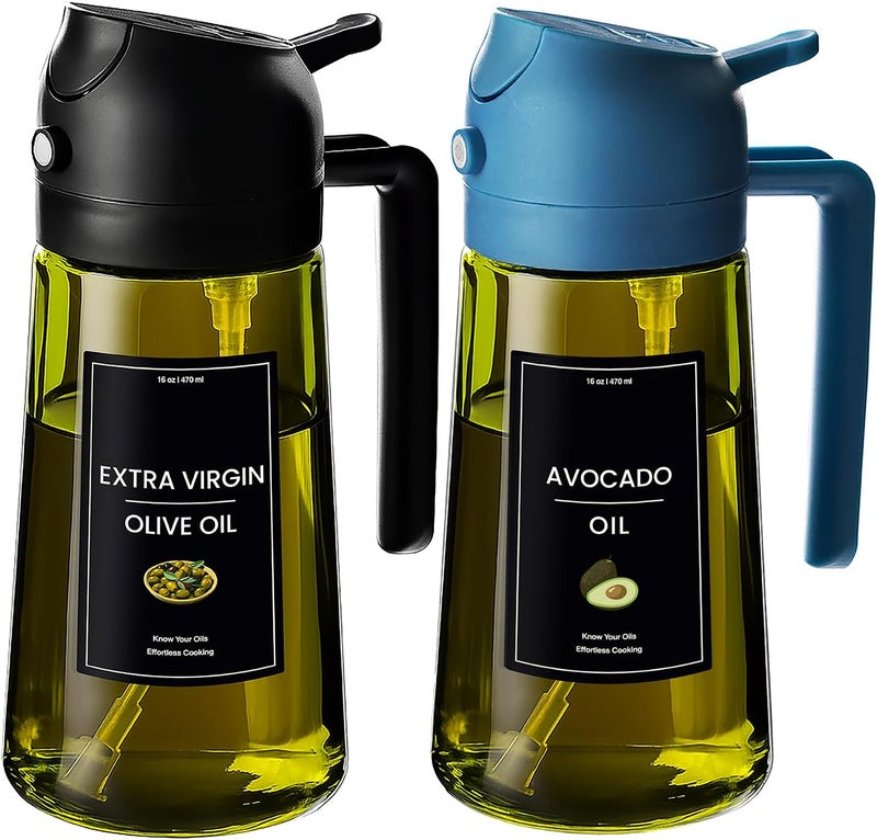 CXINYI - 16oz/470ml Olive Oil Dispenser for Kitchen with Stickers - 2 in 1 Olive Oil Sprayer for Cooking, Air Fryer, and Salad, Black&Blue (Light-Proof Kitchen Gadget) - Image 1