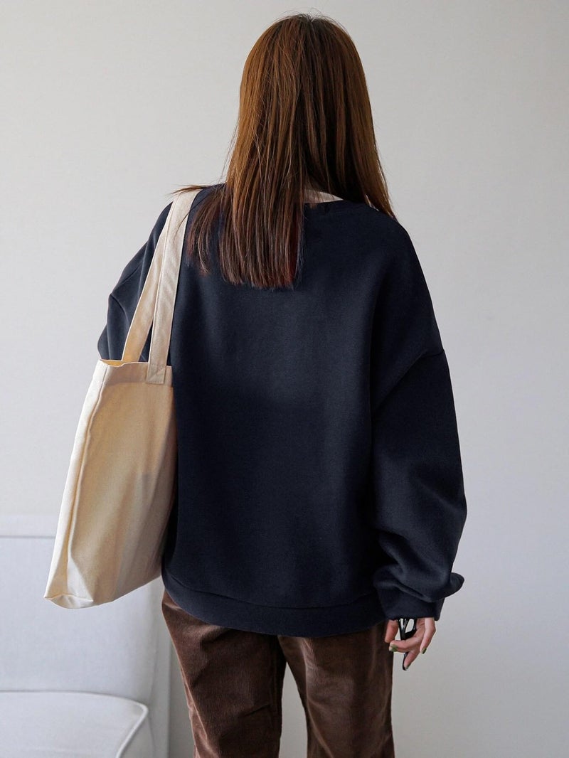 SXV Style 'Vacation Joy Wake' Fleece Printed Cool Aesthetic Drop Shoulder Oversized Round Neck Regular Fit Sweatshirt For Unisex (XL, Navy Blue) - Image 2