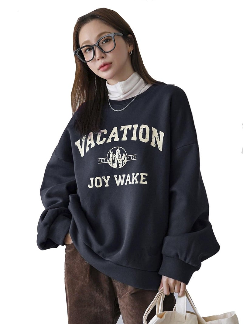 SXV Style 'Vacation Joy Wake' Fleece Printed Cool Aesthetic Drop Shoulder Oversized Round Neck Regular Fit Sweatshirt For Unisex (XL, Navy Blue) - Image 1