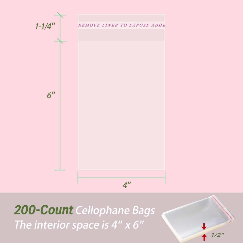 Yeaban 4"x6" Clear Self-Sealing Cellophane Bags, 200-Count Resealable Treat Bags for Snacks and Baked Goods - Image 2