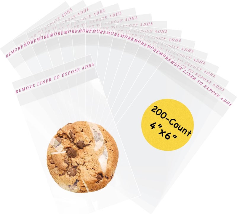 Yeaban 4"x6" Clear Self-Sealing Cellophane Bags, 200-Count Resealable Treat Bags for Snacks and Baked Goods - Image 1
