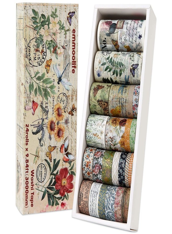 emmoolife 24 Rolls Vintage Washi Tape Set, Floral Letter Butterfly Mushroom Botanical Flower Writable Decorative Tapes for Scrapbooking , Junk Journal supplies, Bullet Journaling 5-75mm Wide 9.84ft long/Roll - Image 1