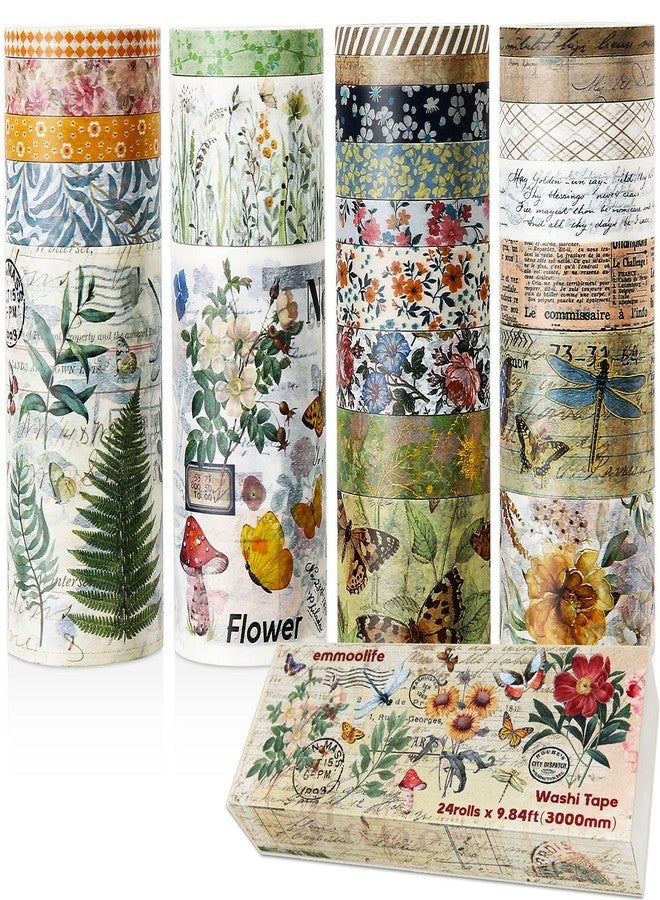 emmoolife 24 Rolls Vintage Washi Tape Set, Floral Letter Butterfly Mushroom Botanical Flower Writable Decorative Tapes for Scrapbooking , Junk Journal supplies, Bullet Journaling 5-75mm Wide 9.84ft long/Roll - Image 2