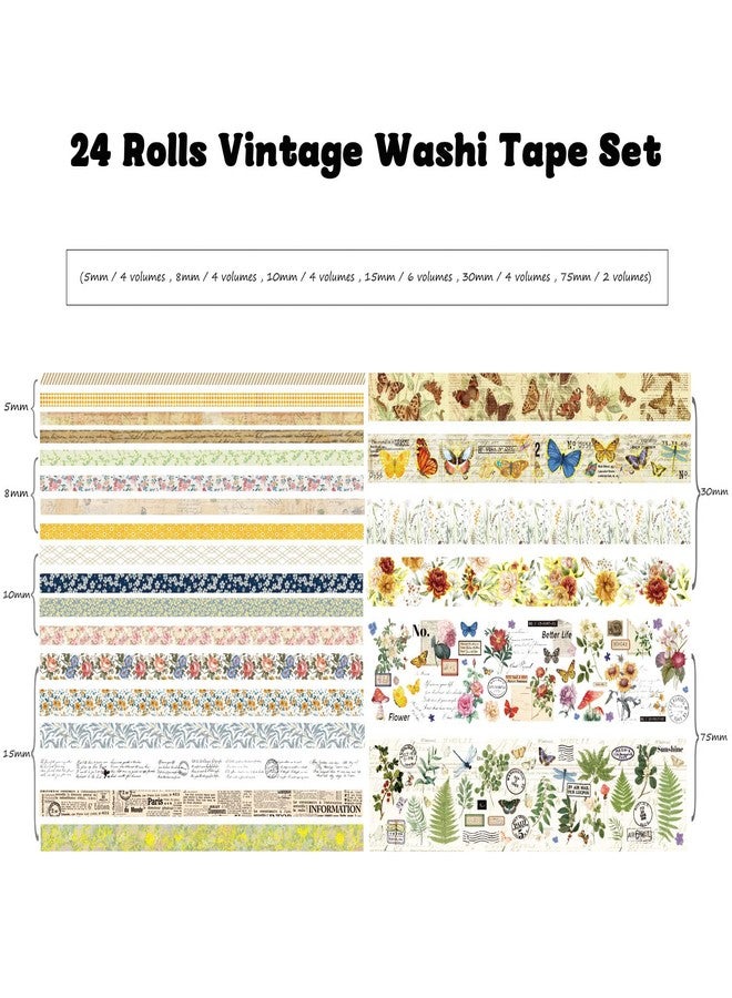 emmoolife 24 Rolls Vintage Washi Tape Set, Floral Letter Butterfly Mushroom Botanical Flower Writable Decorative Tapes for Scrapbooking , Junk Journal supplies, Bullet Journaling 5-75mm Wide 9.84ft long/Roll - Image 3