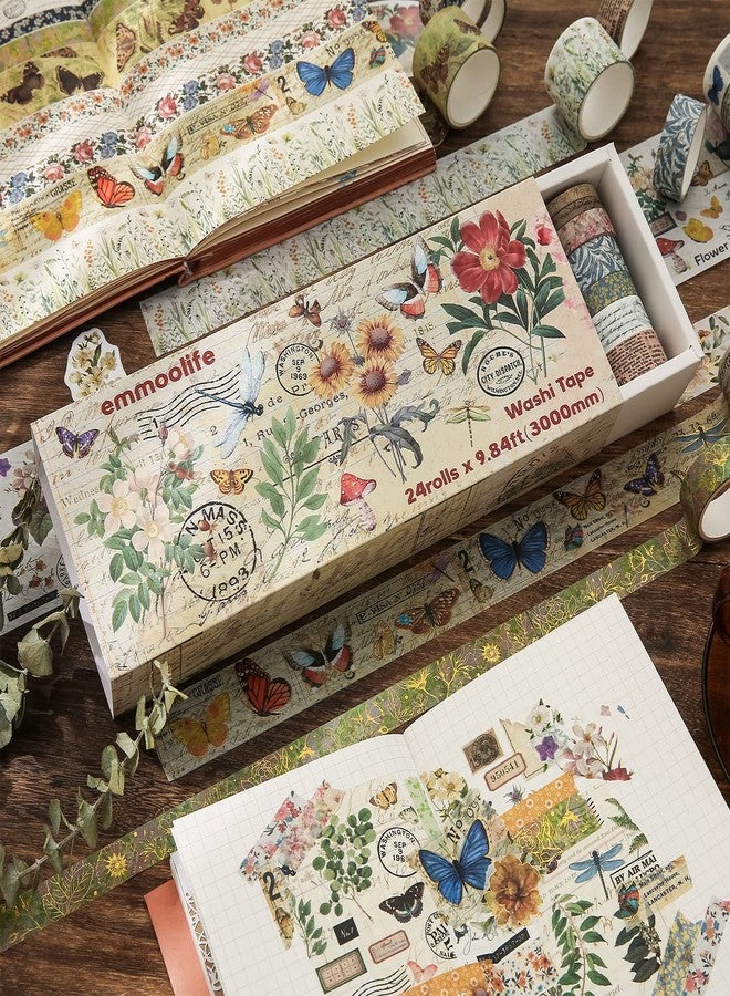 emmoolife 24 Rolls Vintage Washi Tape Set, Floral Letter Butterfly Mushroom Botanical Flower Writable Decorative Tapes for Scrapbooking , Junk Journal supplies, Bullet Journaling 5-75mm Wide 9.84ft long/Roll - Image 5
