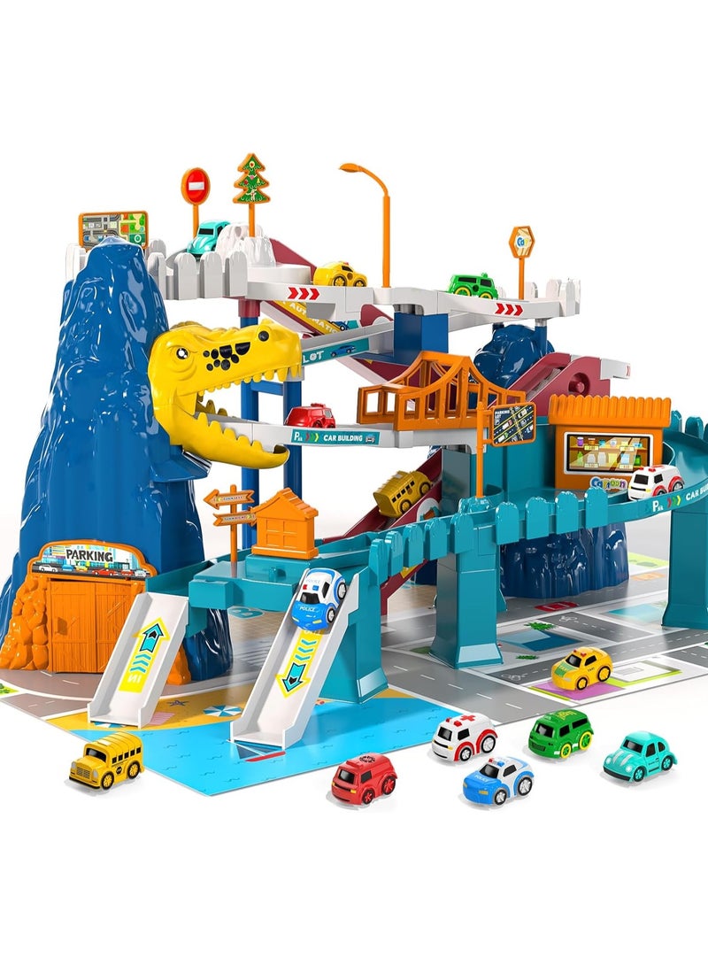 Dinosaur Race Track Playset for Boys Kids 3-5, Dinosaur Climbing Hills Car Track Play Set with 5 Mini Racer Cars, Kids Car Ramp Track Toys for 3 4 5 6 7 8 Year Old Boys Girls - Image 4