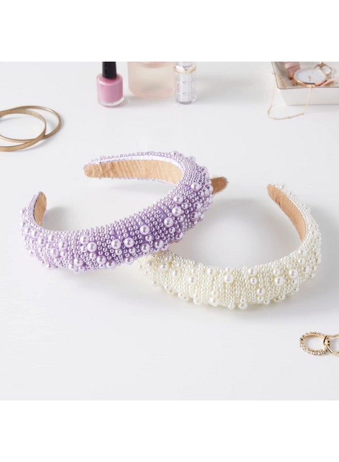 Glamlily طقم من 2 رباط رأس كريستالي للنساء مزود بوسادة من اللؤلؤ (لافندر أبيض) - Image 3