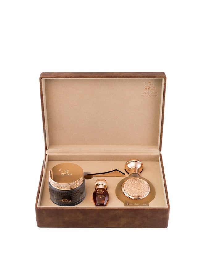 Taif Al Emarat Golden Oud Set – Luxury Gift Set with Perfume, Bakhour, Oud Oil & Metallic Tong, 4 Pieces - Image 1